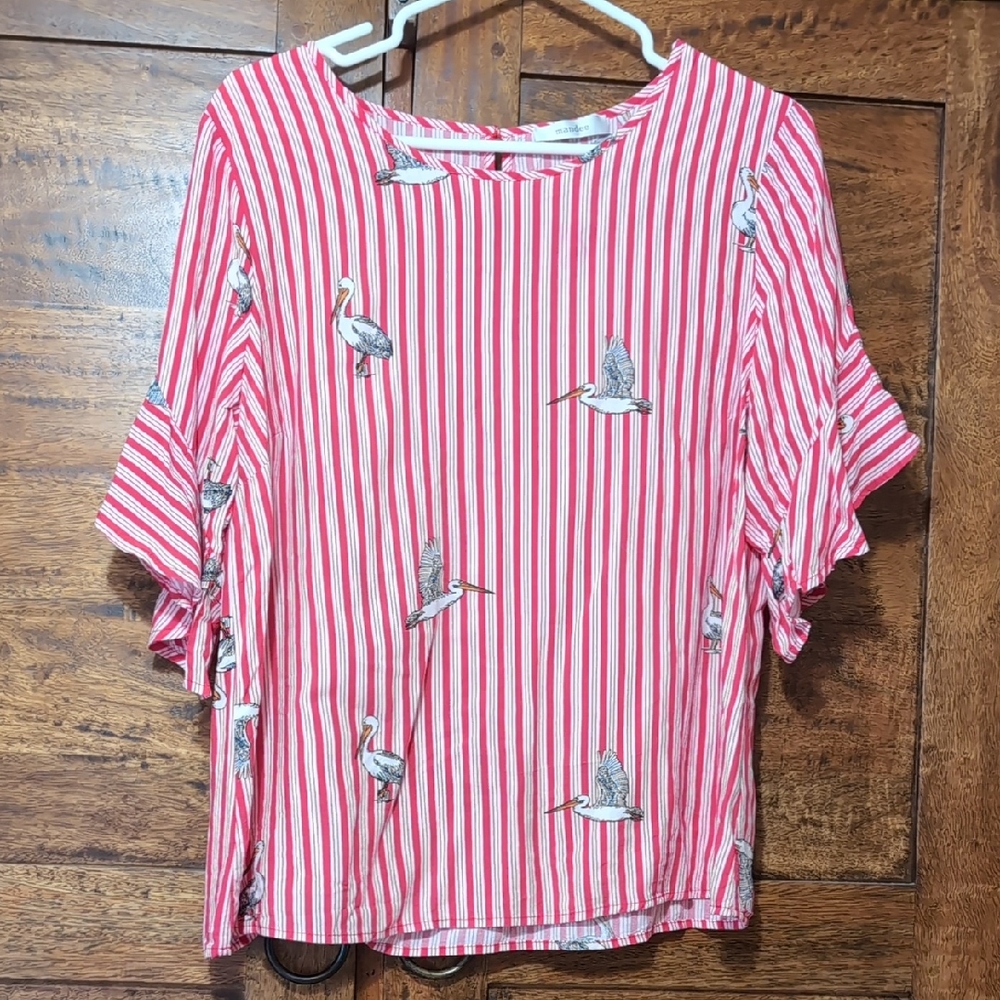 Mandee Red and White Striped Blouse with Bird Print Large